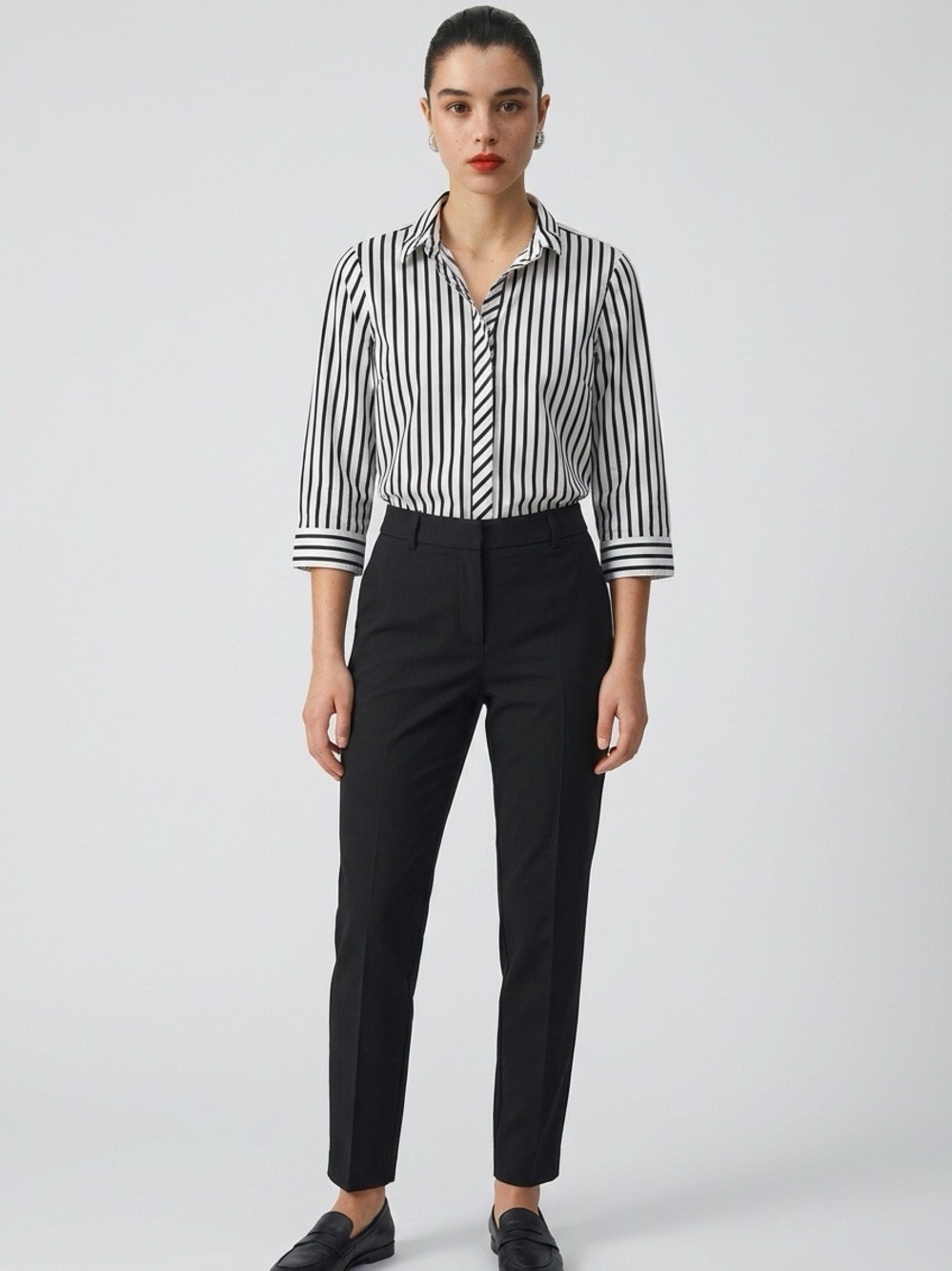 Chico's Black and White Vertical-Stripe Button-Up Blouse
